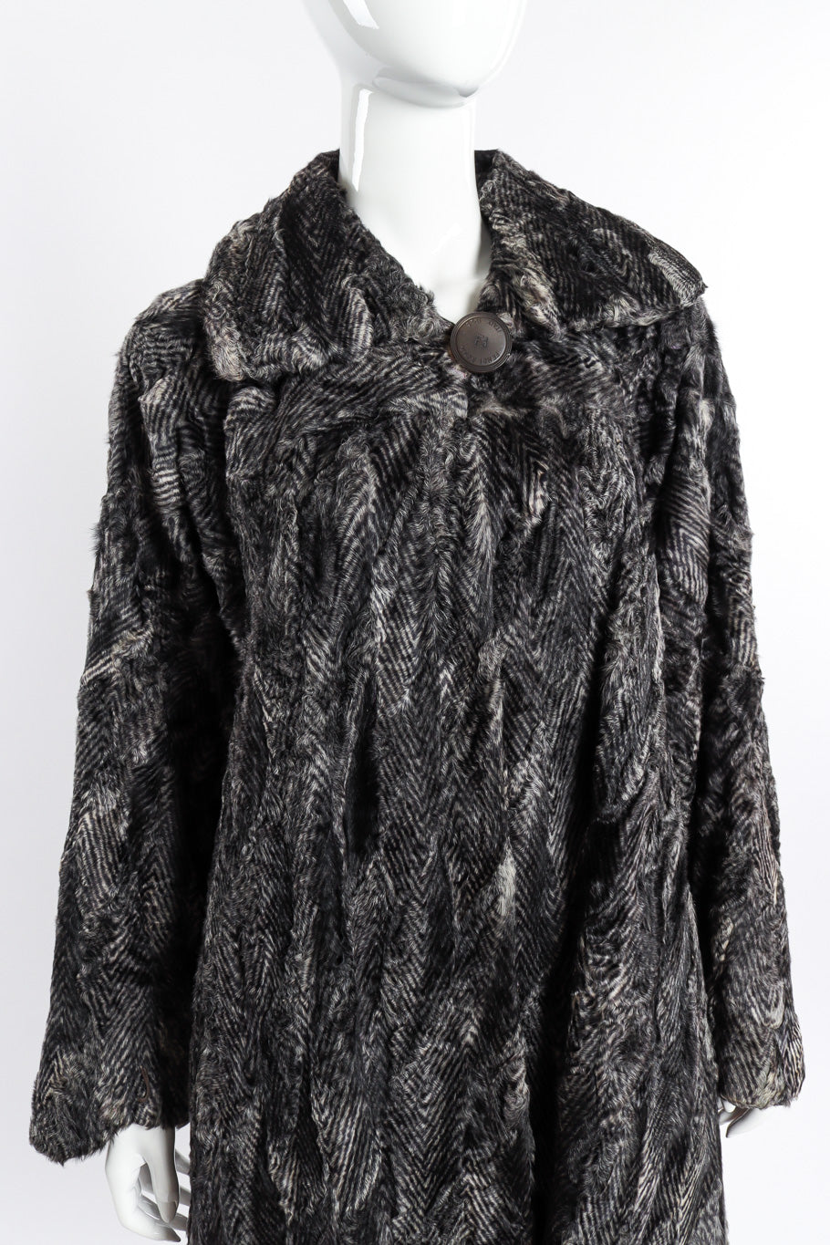 Vintage Fendi Lamb Fur Coat front on mannequin closeup @recessla