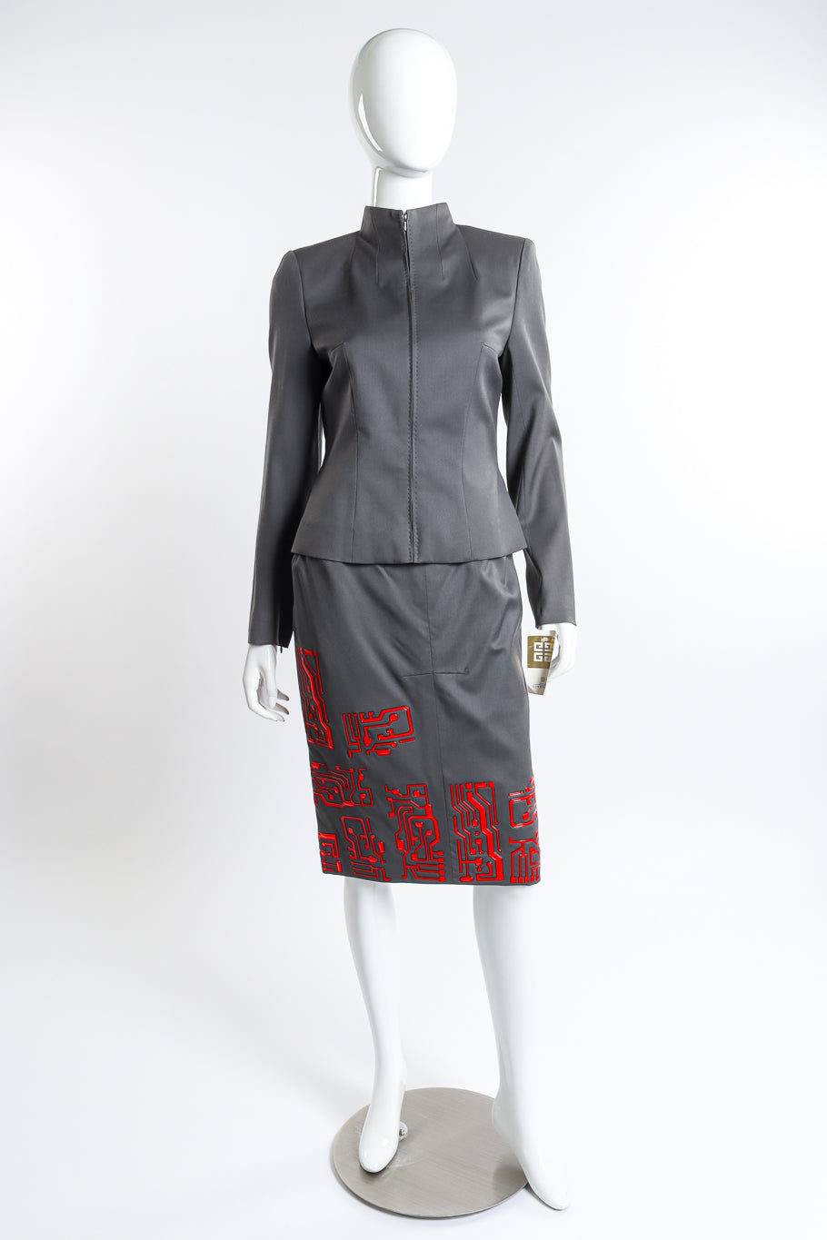 Vintage Givenchy 1999 F/W Circuit Board Zip Up Jacket & Skirt Set front on mannequin @recess la