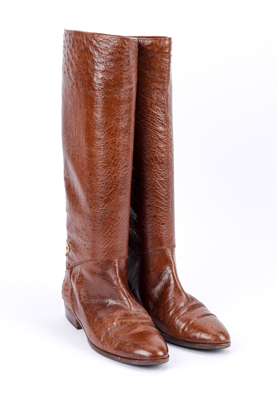 Vintage Gucci Brown Ostrich Leather Riding Boot 3/4 front view @recessla
