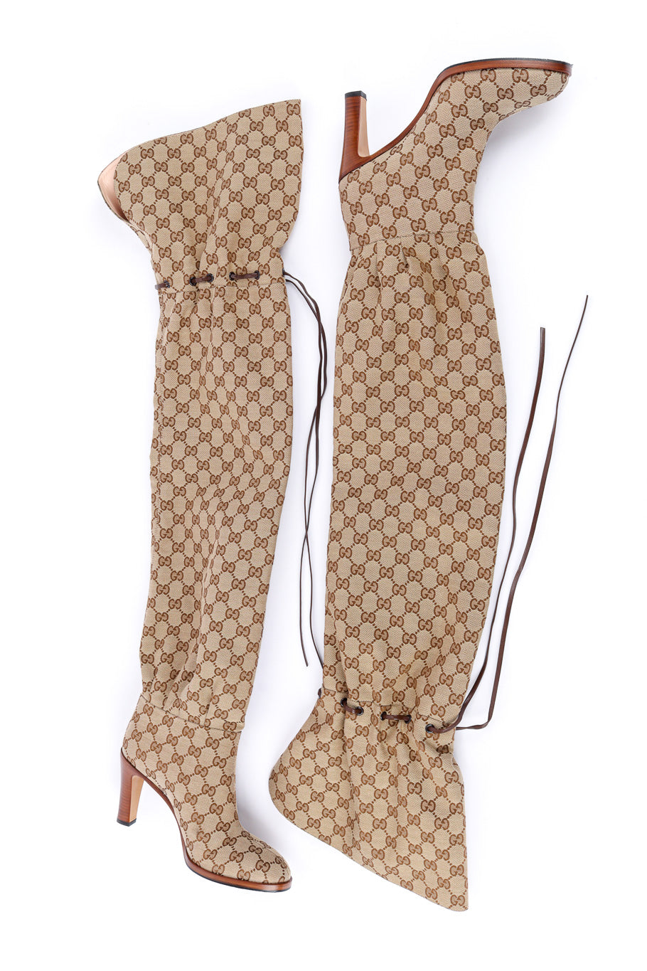 Gucci NEW Monogram Canvas Brown Leather Tie Logo Tall Thigh High Boots in  Box