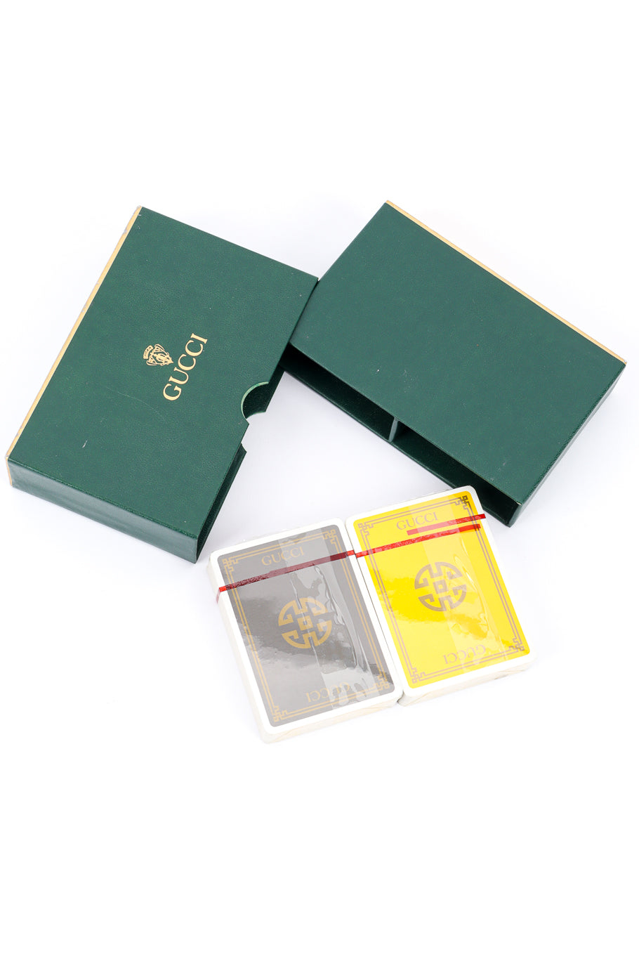Vintage Gucci Yellow and Grey 2 Deck Playing Card Set front open box @recessla