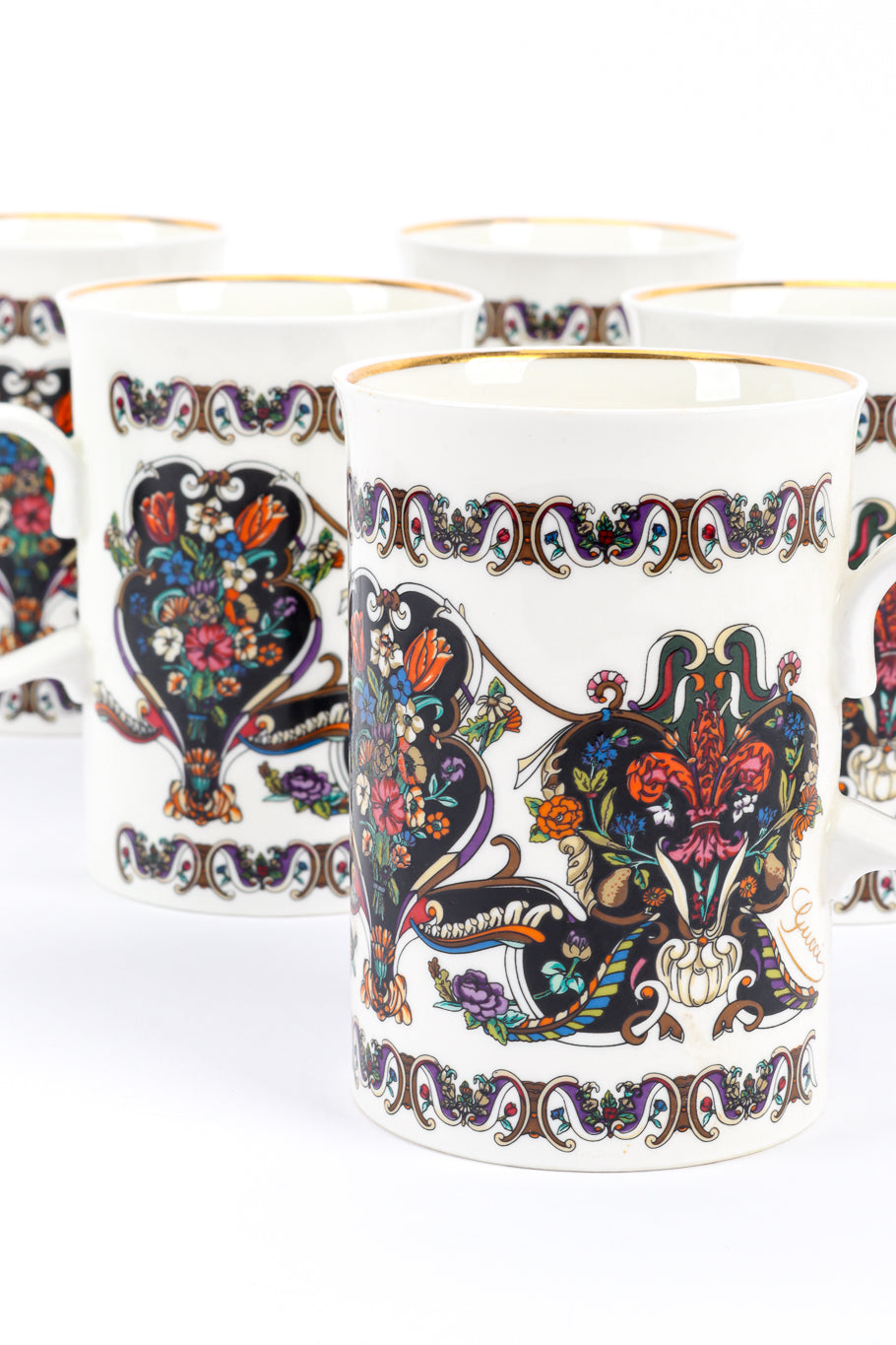 Gilded Floral Signed Mugs Boxed Set by Gucci mug faces in a row @recessla