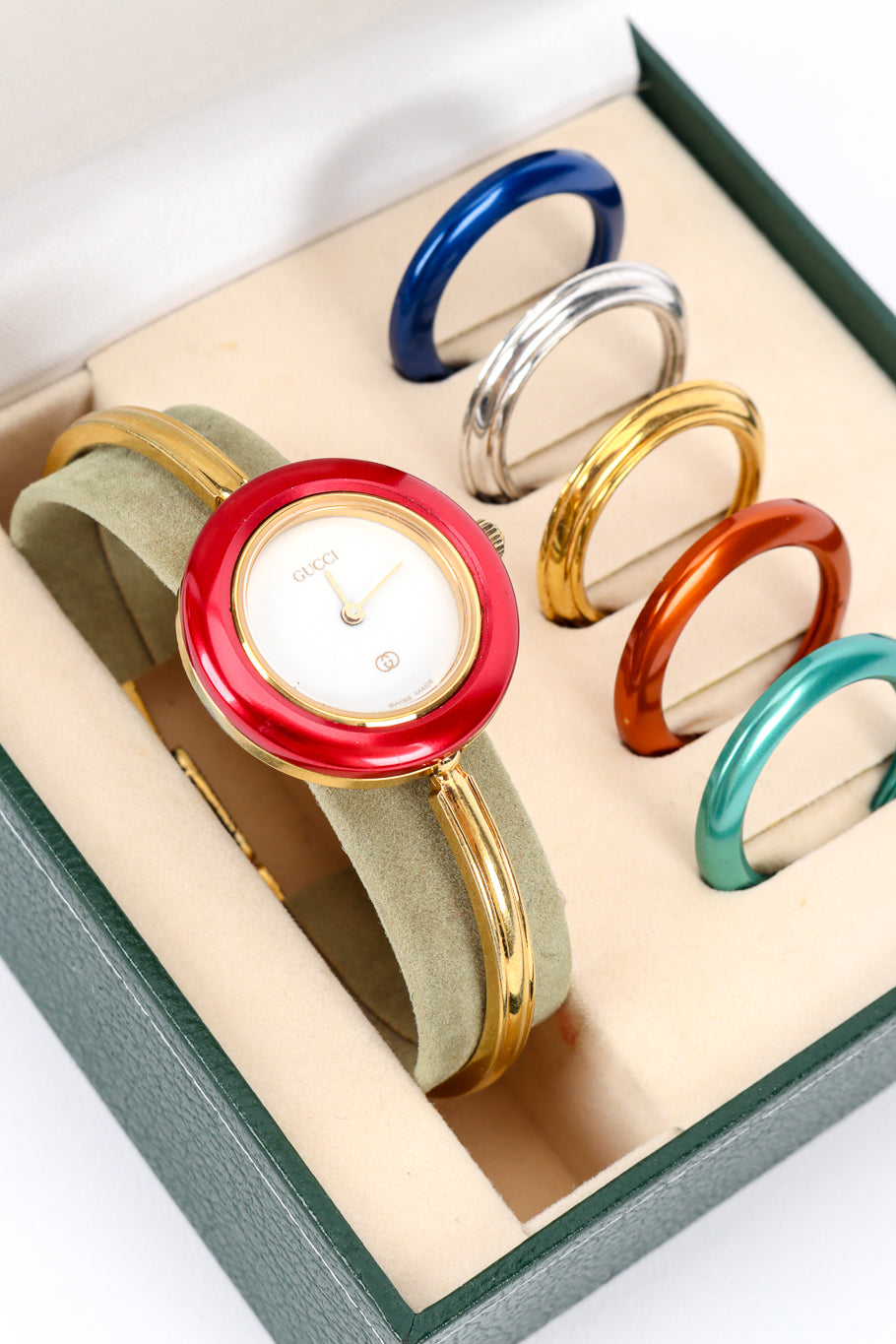 6 Bezel Bracelet Watch Boxed Set by Gucci with red bezel on close @recessla