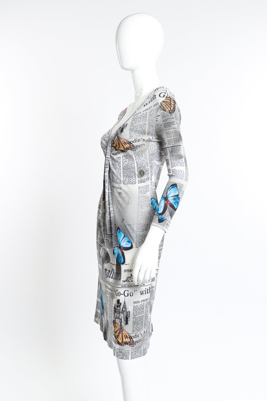 Vintage John Galliano Butterfly Newspaper Print Dress side on mannequin @recess la