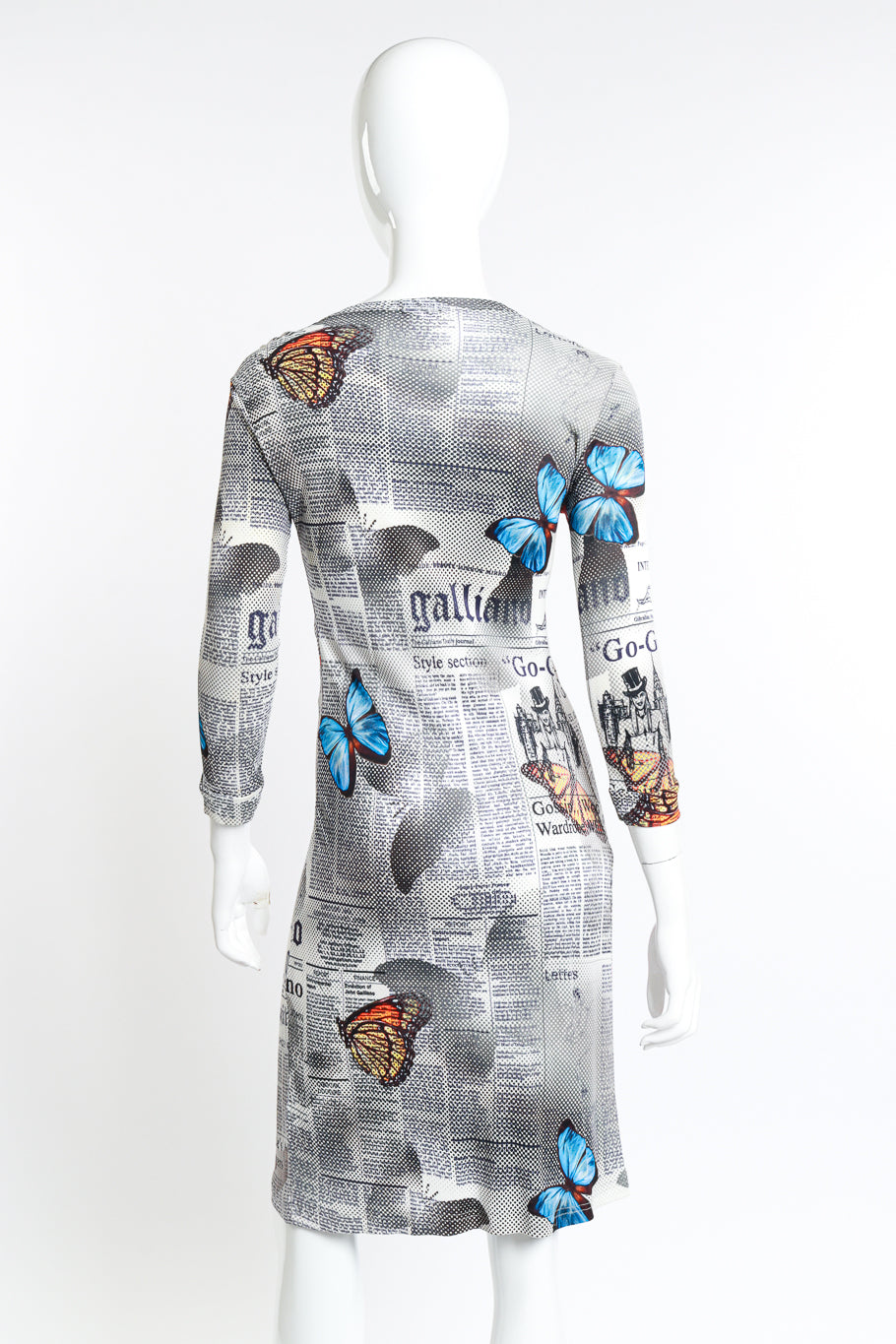 Vintage John Galliano Butterfly Newspaper Print Dress back on mannequin @recess la
