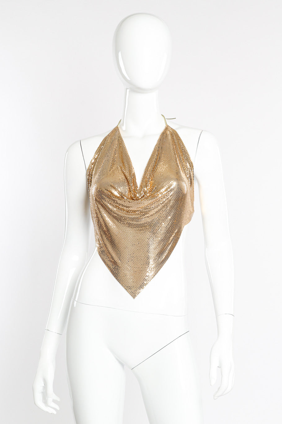 Vintage Whiting & Davis Gold Mesh Halter Top front view on mannequin @Recessla