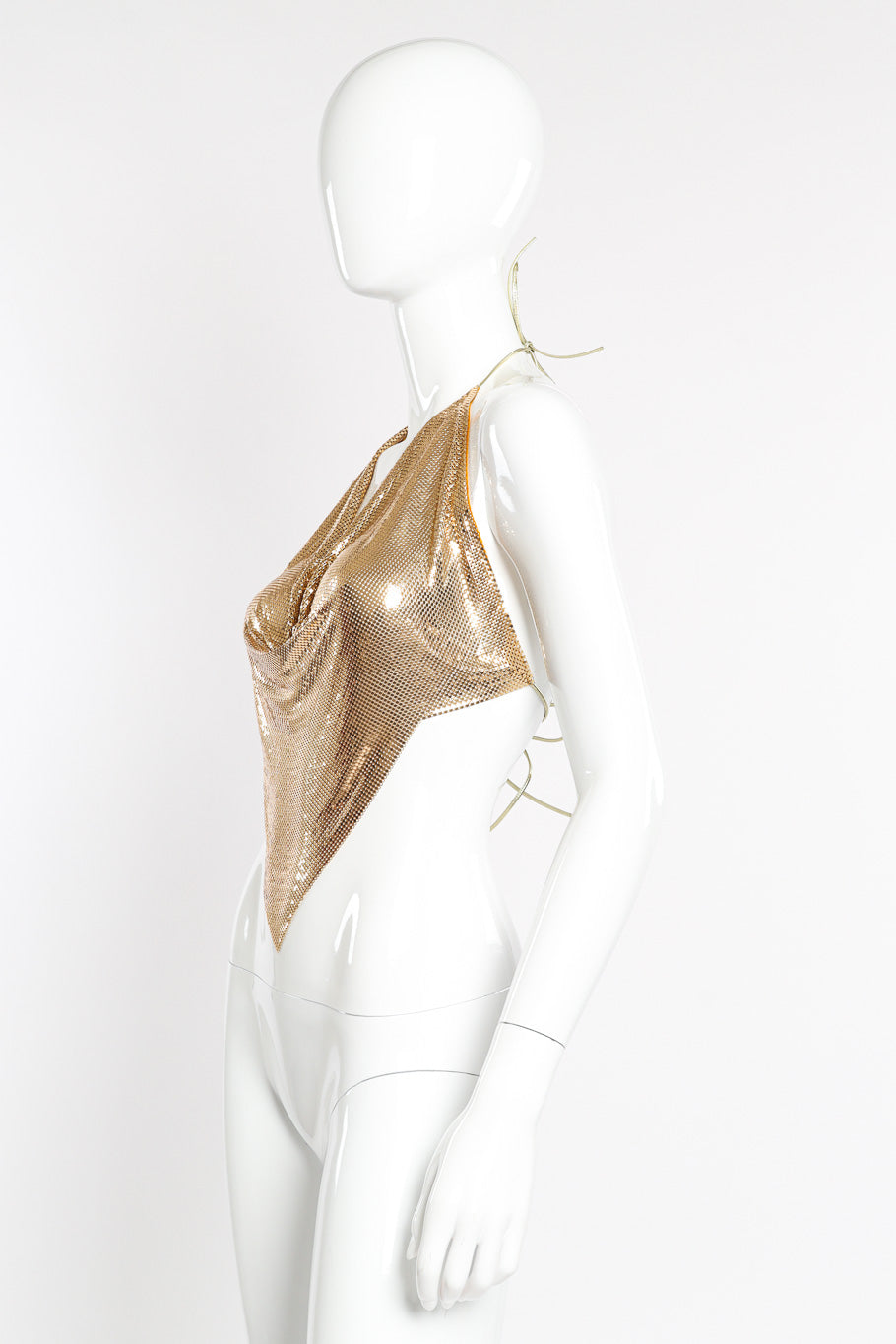 Vintage Whiting & Davis Gold Mesh Halter Top side view on mannequin @Recessla