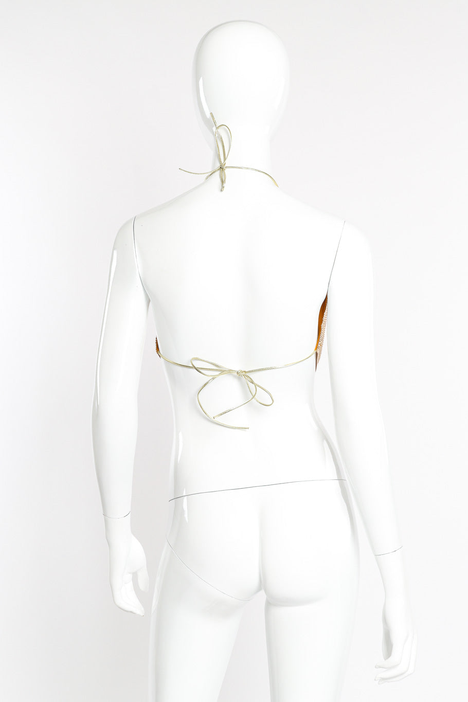 Vintage Whiting & Davis Gold Mesh Halter Top back view on mannequin @Recessla