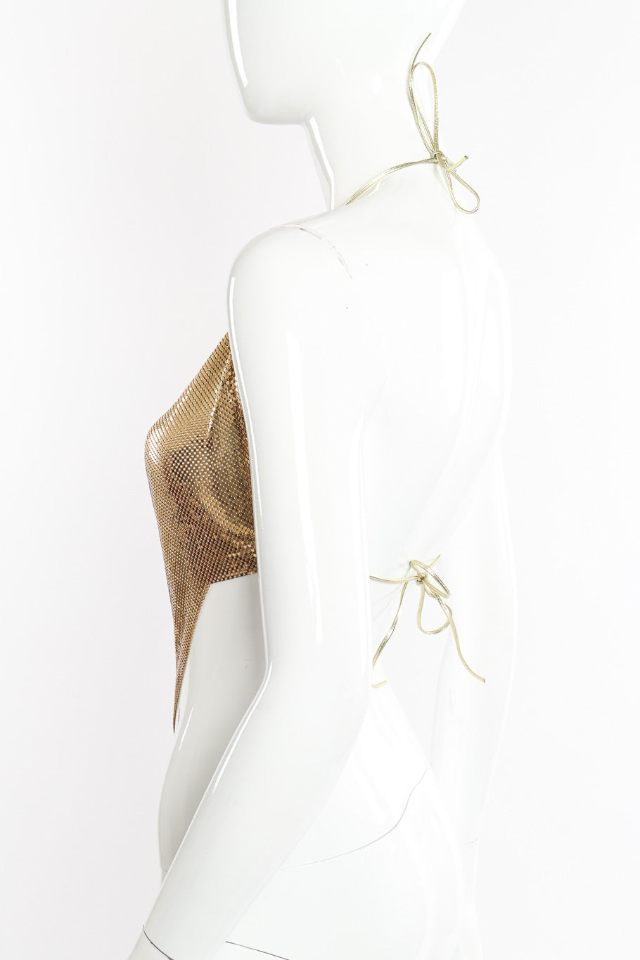 Vintage Whiting & Davis Gold Mesh Halter Top back view on mannequin closeup @Recessla