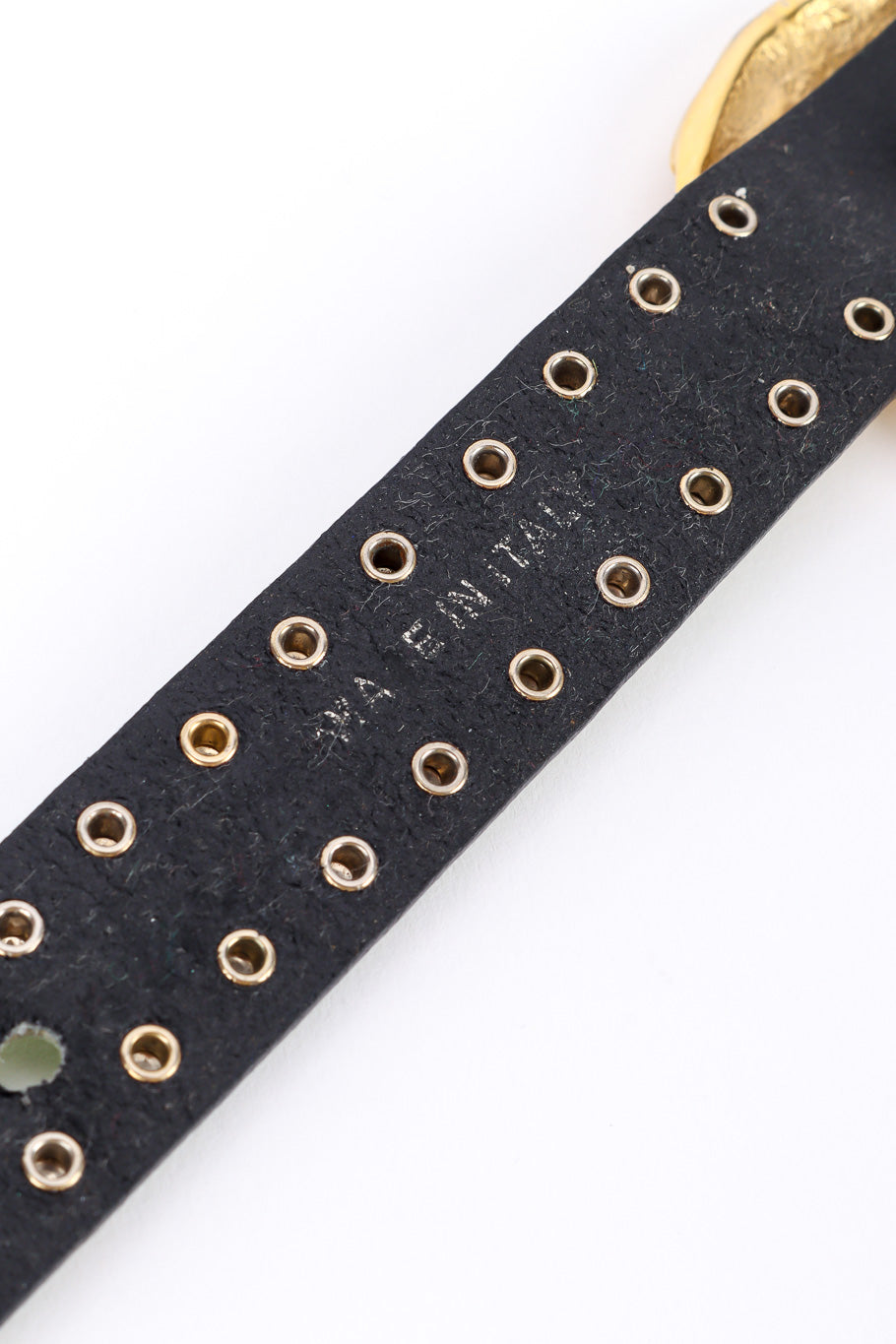 Leather seashell belt by Istante on white background inside studs close @recessla