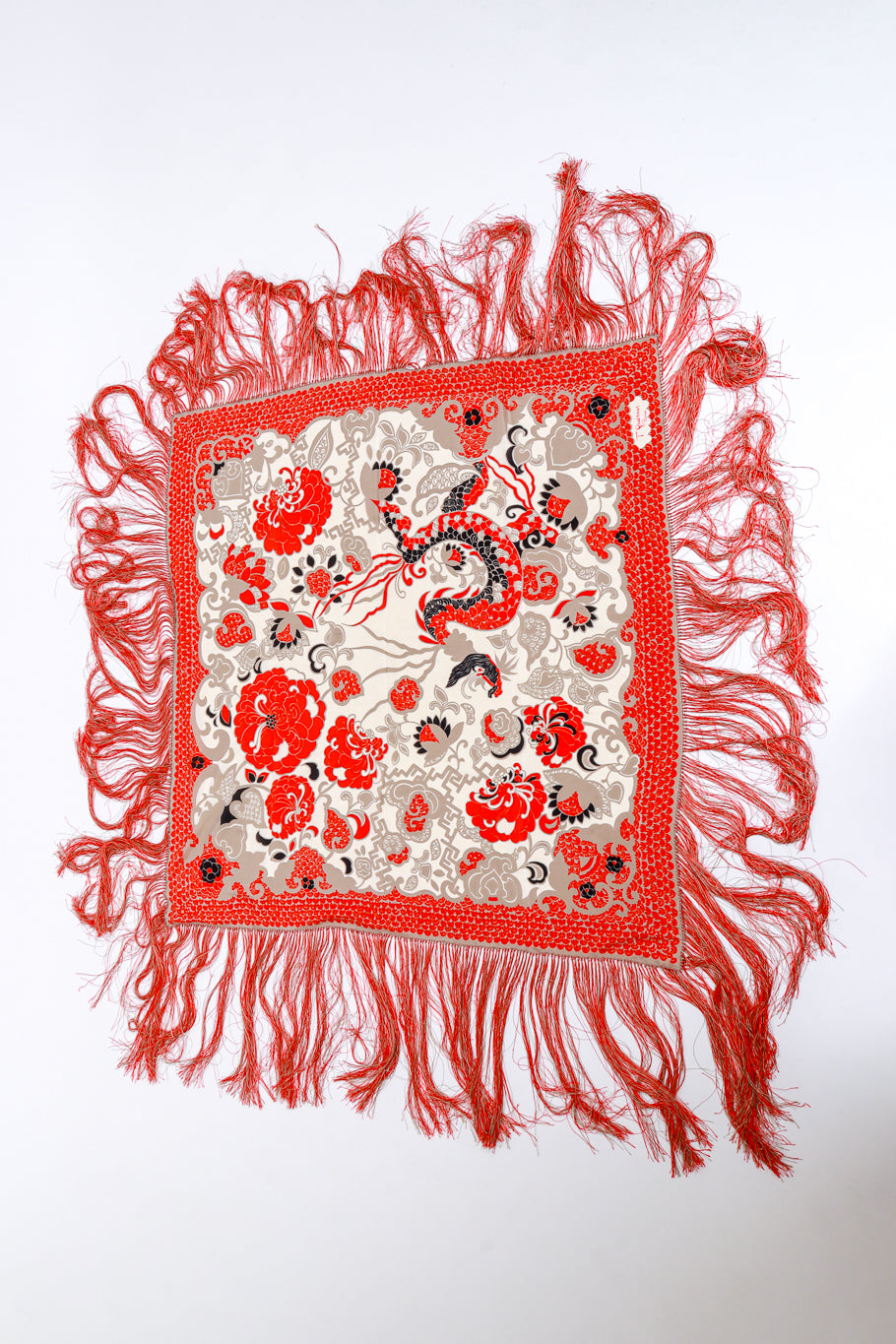 Vintage Francoise Guerin Floral Silk Fringe Shawl front laid flat @recess la