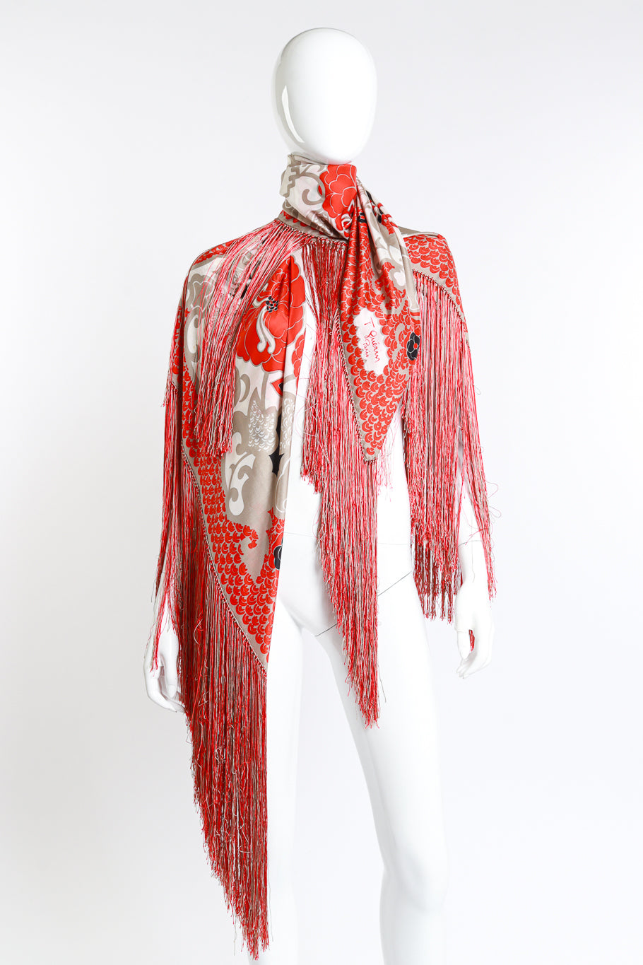 Vintage Francoise Guerin Floral Silk Fringe Shawl draped on mannequin front @recess la