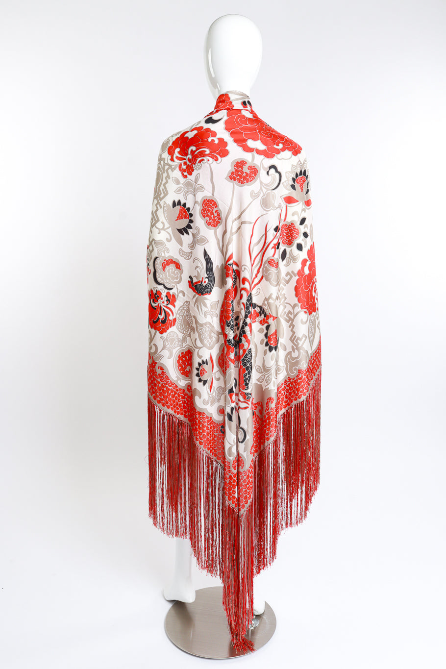 Vintage Francoise Guerin Floral Silk Fringe Shawl draped on mannequin back @recess la