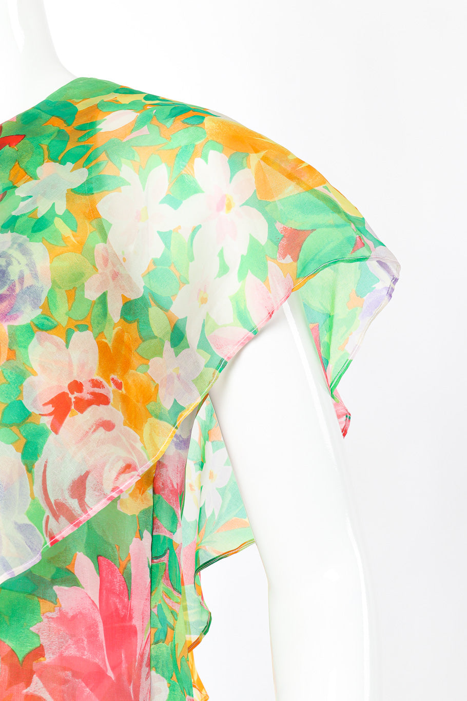 Vintage Guy Laroche Silk Floral Ruffle Dress shoulder view on mannequin @Recessla