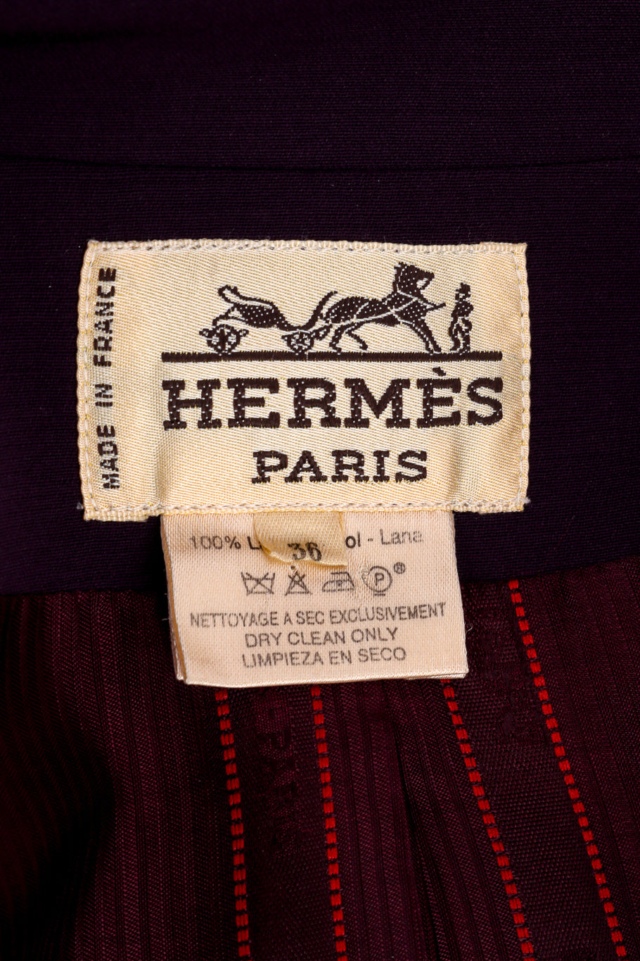 Vintage Hermés Asymmetrical Blazer and Skirt Set jacket signature label closeup @recessla