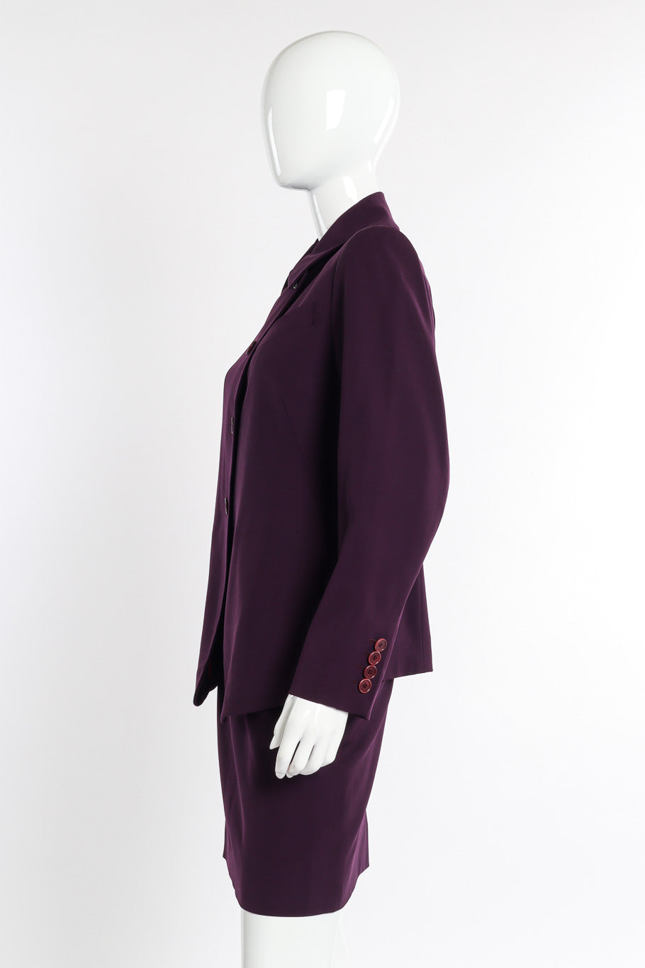 Vintage Hermés Asymmetrical Blazer and Skirt Set side view on mannequin @recessla