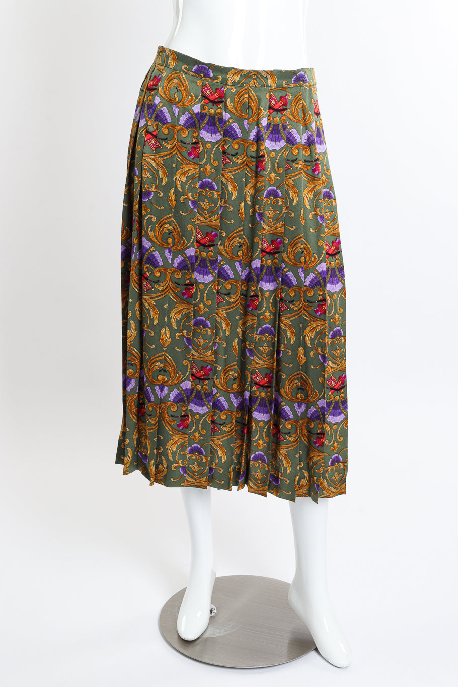 Vintage Hermes Archery Hooded Blouse and Pleated Skirt Set skirt front on mannequin @recessla