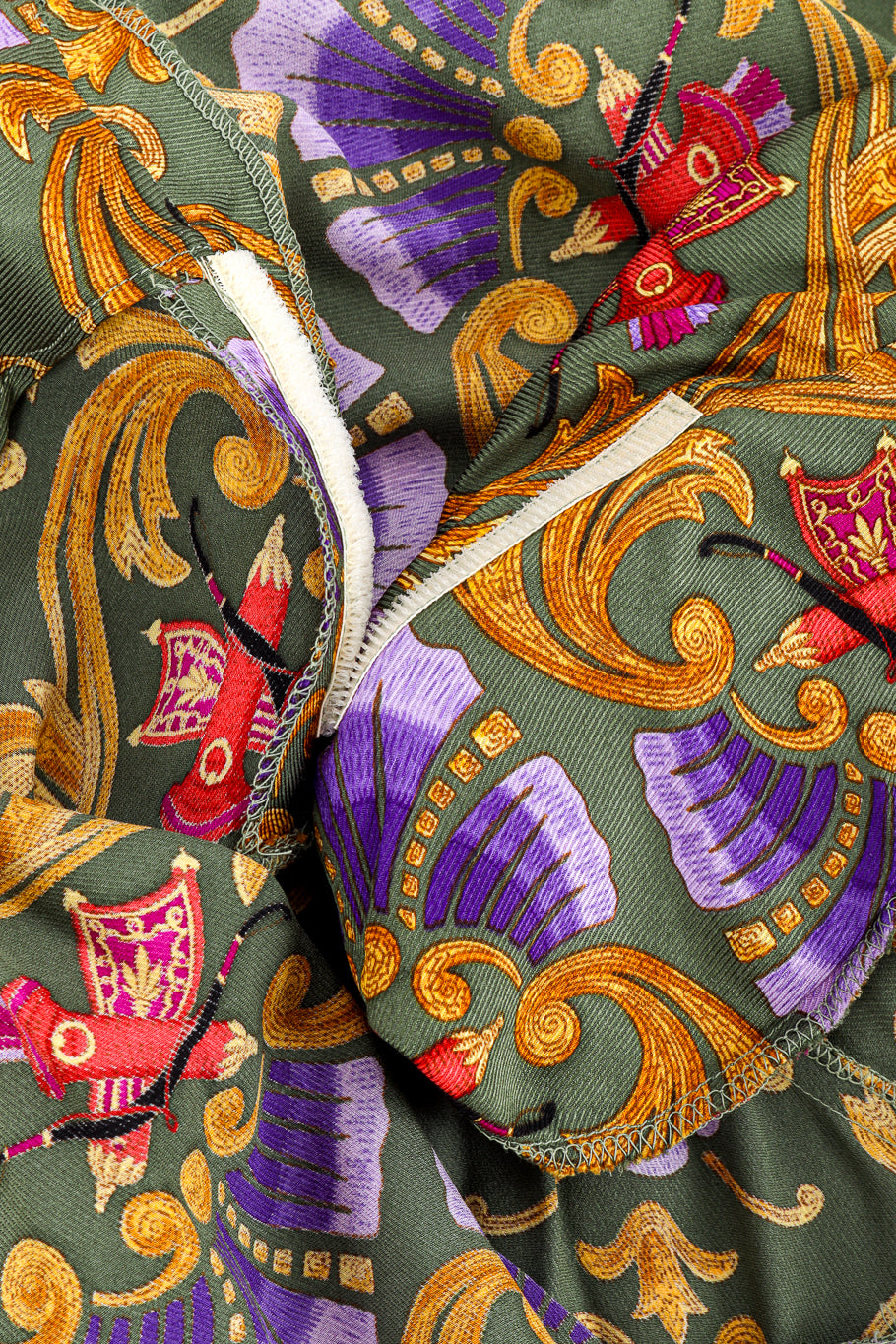 Vintage Hermes Archery Hooded Blouse and Pleated Skirt Set velcro shoulder pad closeup @recessla