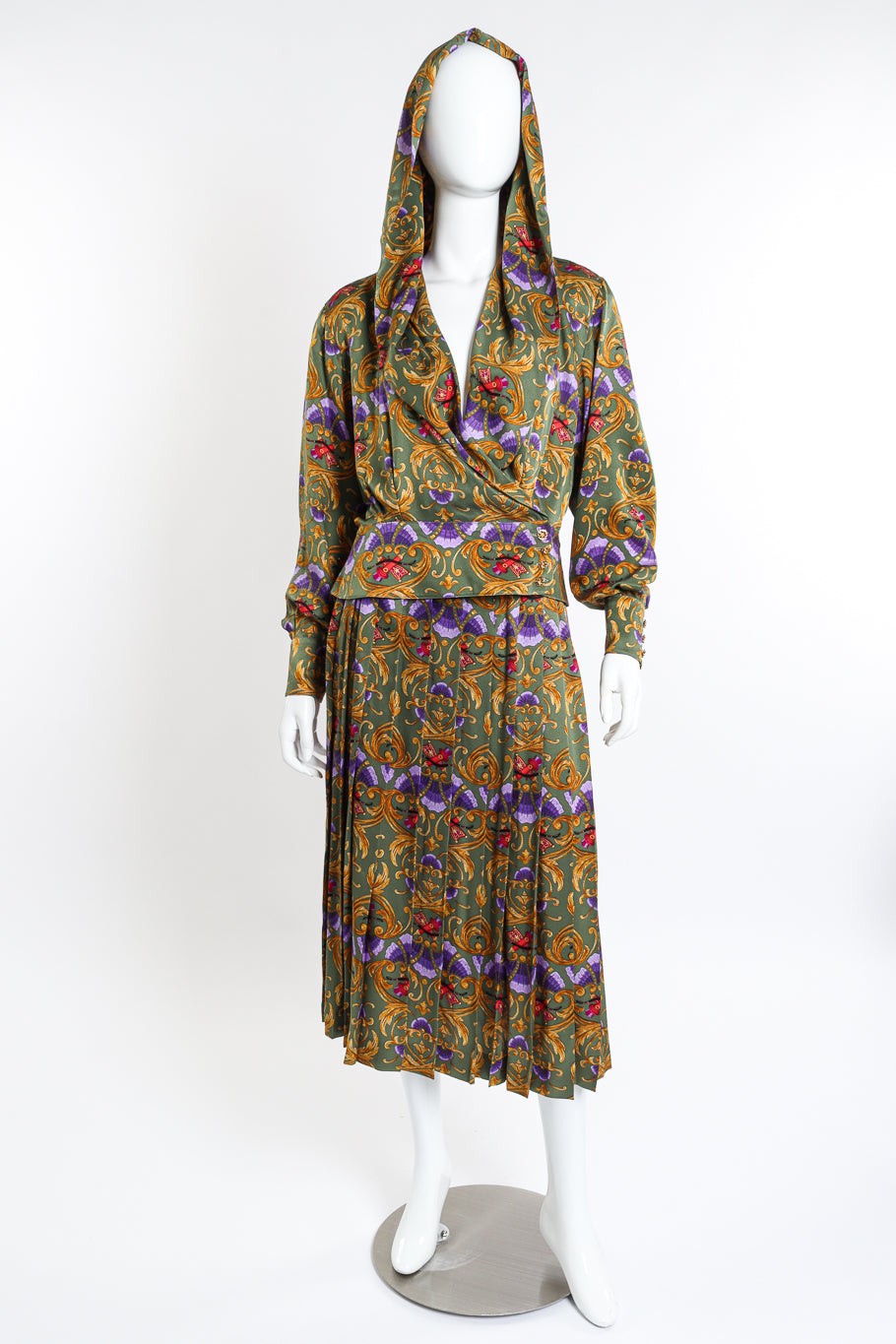 Vintage Hermes Archery Hooded Blouse and Pleated Skirt Set front on mannequin @recessla