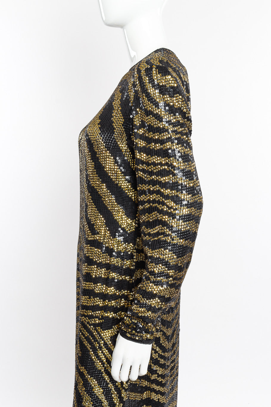 Vintage Halston Tiger Sequin Sheath Gown side view on mannequin closeup @recessla