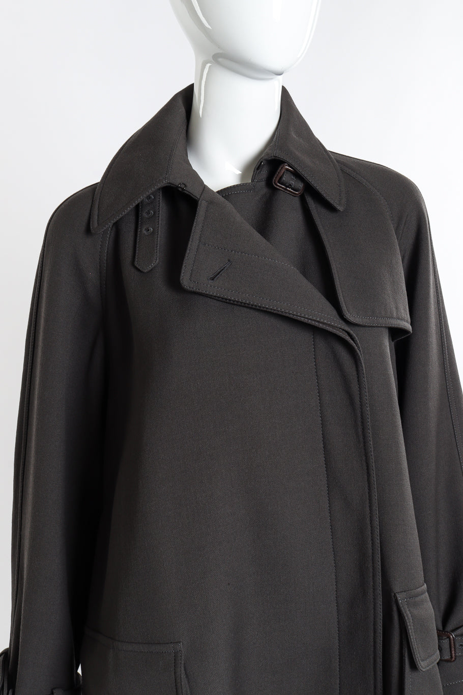 Vintage Hermés Wool Trench Coat front on mannequin closeup @recess la
