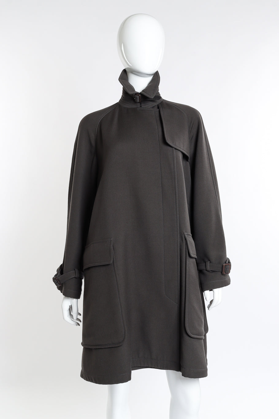 Vintage Hermés Wool Trench Coat front collar fastened on mannequin @recess la