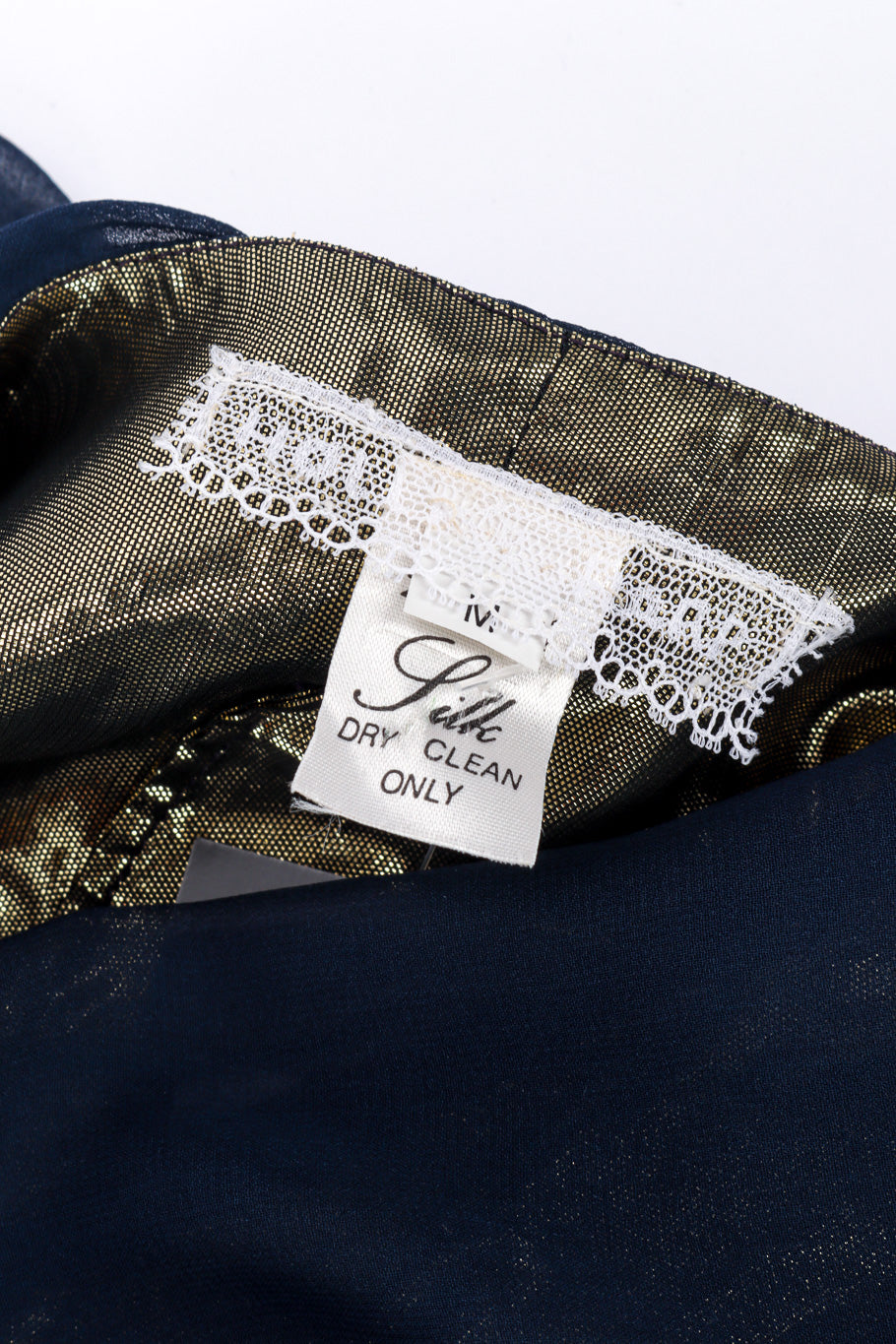 Vintage Holly's Harp Metallic Silk Wrap Dress signature label closeup @recessla