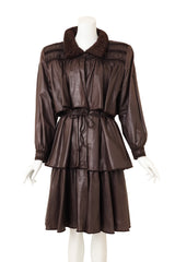 Vintage Alan Austin Leather Fur Ruffle Tiered Trench on mannequin @ Recess LA