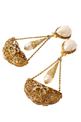 Filigree Pearl Drop Pendulum Bow Earrings up close @ Recess LA