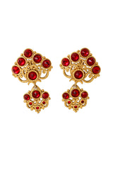 Large ornate crystal drop earrings with layered gold scrollwork and red glass stones by Abbey Road @ Recess LA