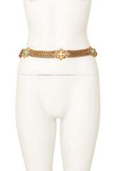 Golden square teal and pearl accent chain belt on mannequin @ Recess LA
