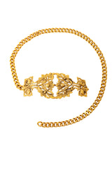 Gold tone chain belt with ornate rose filigree plaque detail @ Recess LA