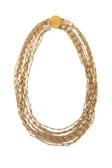 Multi-strand chain necklace with mixed metal links and filigree detailing @ Recess LA