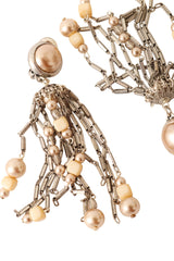 Pearl bar chain fringe drop earrings with filigree details by Babylone Paris flat lay up close @ Recess