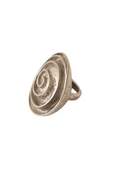 Silver sculptural spiral ring by La Tribu Rigaux side view with base @ Recess LA