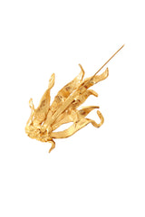 Golden sculptural flame brooch by Linda Hattab backside pin open @ Recess LA