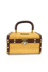 Vintage Leather Trim Wicker Box Bag front @recess la