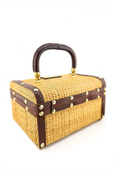 Vintage Leather Trim Wicker Box Bag 3/4 back @recess la