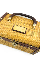 Vintage Leather Trim Wicker Box Bag top view @recess la