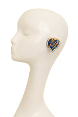 Vintage Marie Claire Blue Filigree Heart Button Earrings On Mannequin @ Recess LA