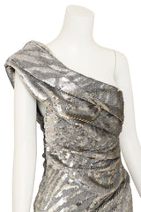 Vintage Saint Laurent off the shoulder sequin mini dress on mannequin close up @ Recess LA