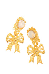 Filigree Ribbon Detail Glass Cabochon Drop Earrings front view @Recess LA