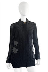 Vintage Gianni Versace Leather Trim Knit Cardigan front on mannequin @recess la