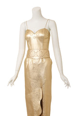 Metallic Leather Cutwork Dress by Mandana on mannequin with belt @ Recess LA