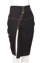 Vintage Alaia Asymmetrical Zip Denim Skirt on mannequin close @ Recess LA