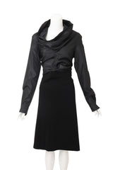 Vintage Romeo Gigli Wool Cowl Neck Funnel Dress on mannequin styled up as empire waist @ Recess LA