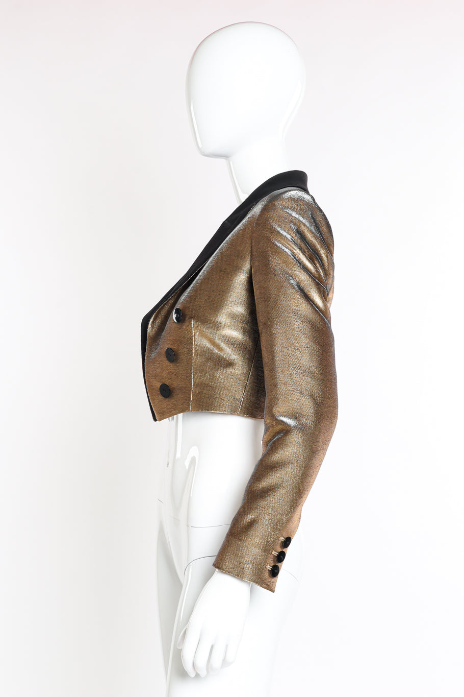 Jean Paul Gaultier Femme Cropped Lamé Tuxedo Jacket side on mannequin @recessla