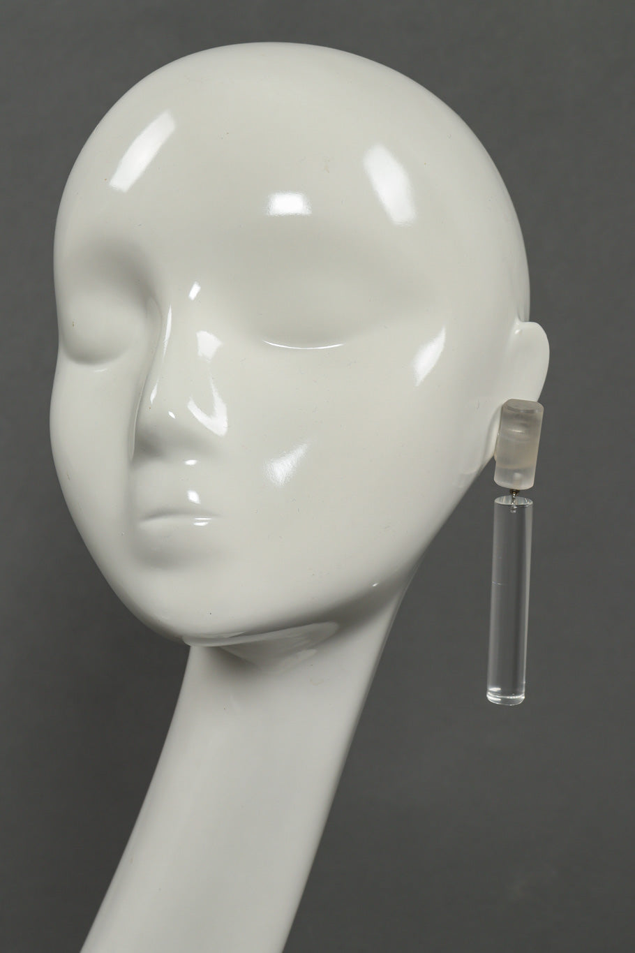 Vintage Judith Hendler Lucite Barrel Drop Earrings on mannequin over grey backdrop @Recessla