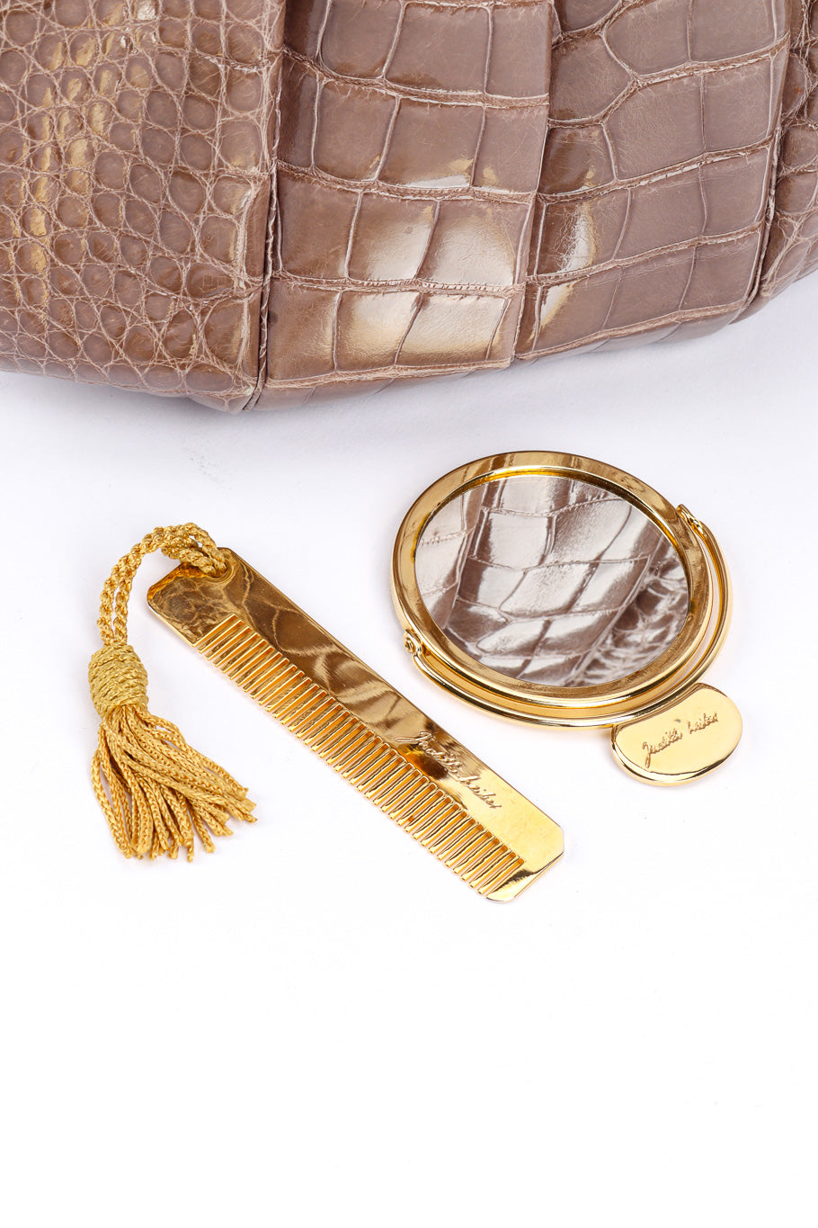 Ruched Alligator Handbag by Judith Leiber comb and mirror @recessla