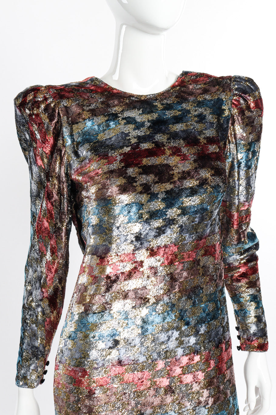 Vintage Judy Hornby Metallic Silk Velvet Dress front on mannequin closeup @recessla